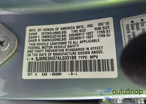 2010 Honda Cr-V Lx z USA, uszkodzony, nr VIN 5J6RE3H37AL033189